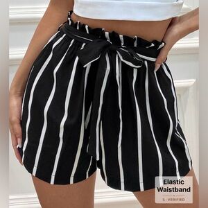 Striped Paper Bag Waist Belted Shorts